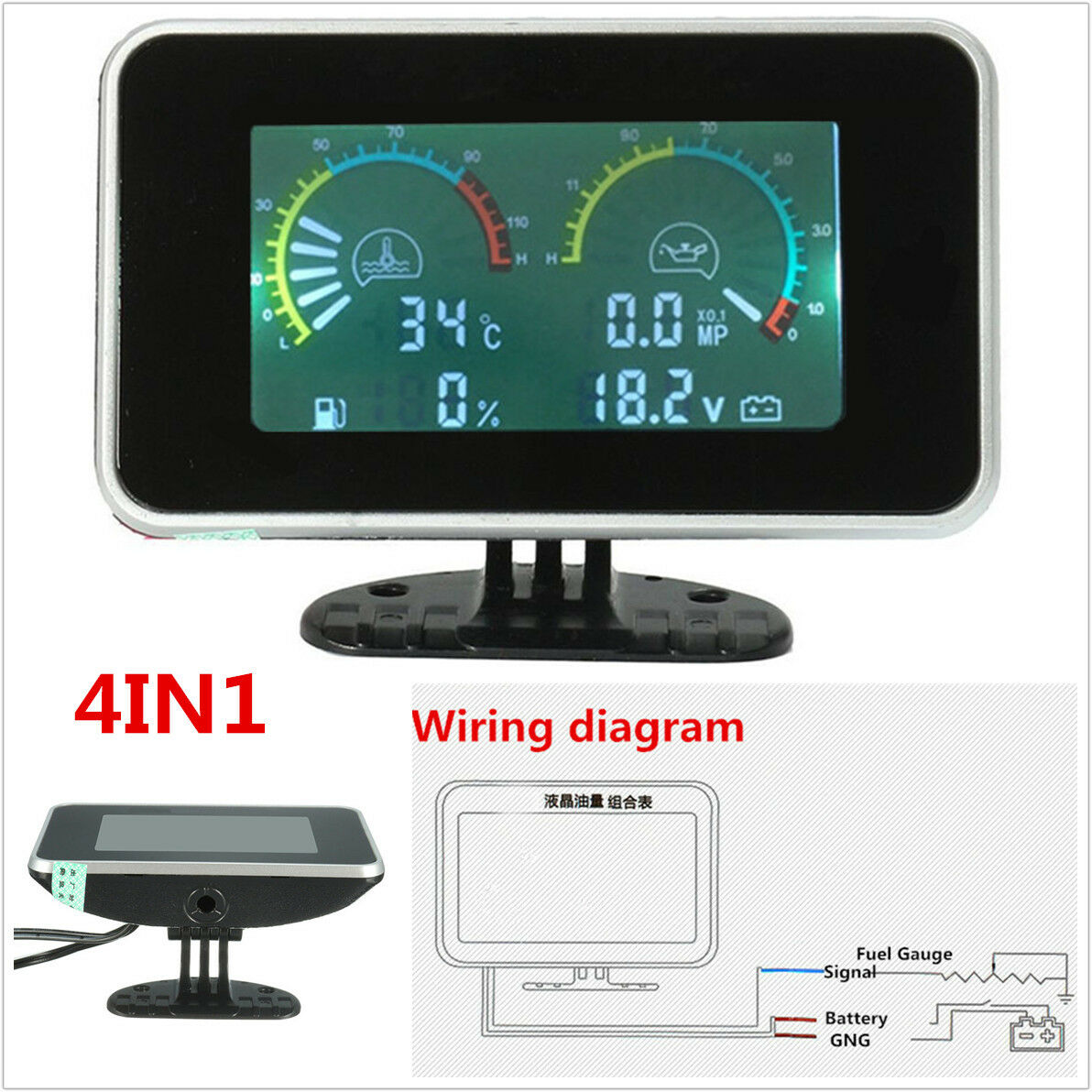 Car LCD 4in1 Gauge Water Temperature Meter /Oil Pressure/Fuel/Voltage Volt Gauge