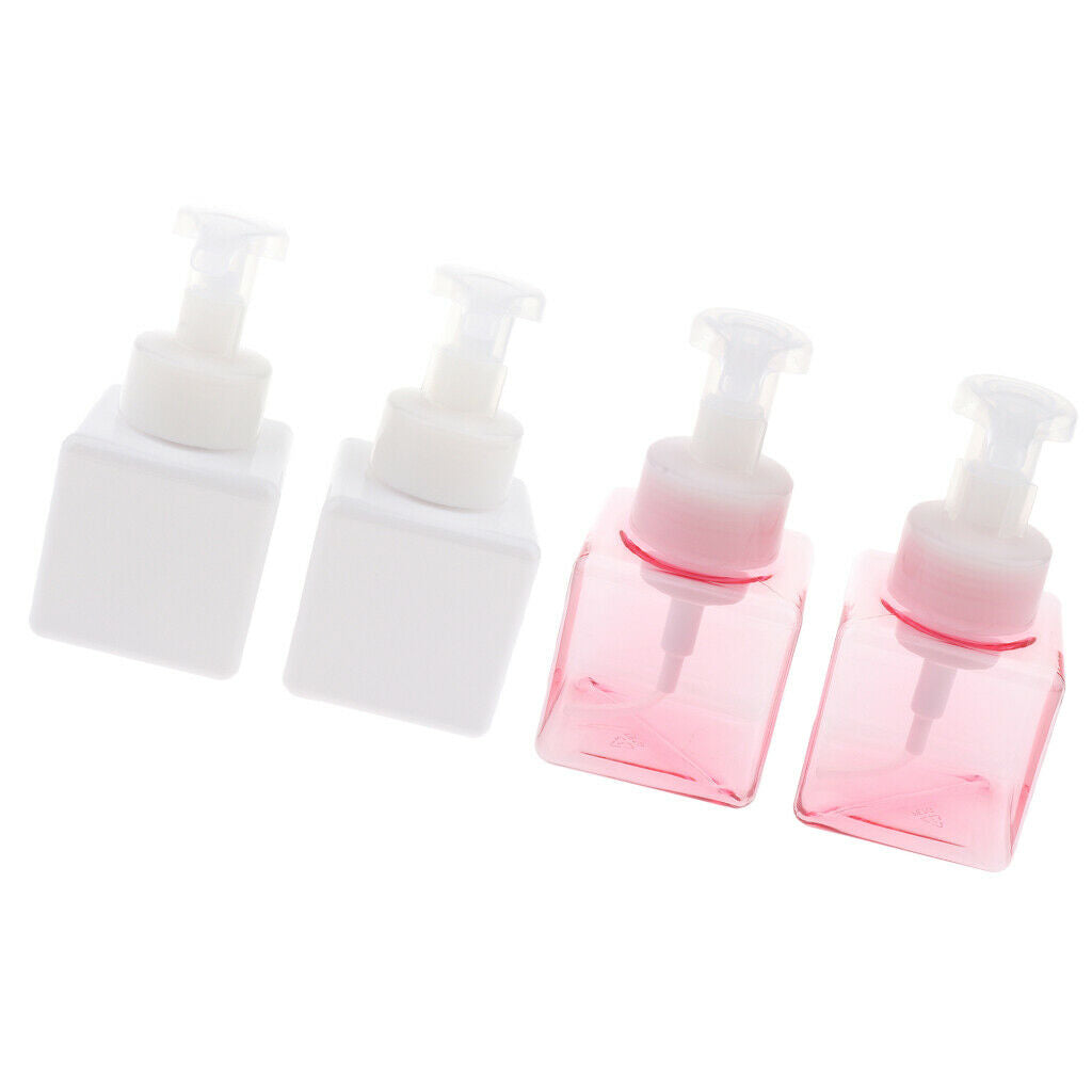 Pack of 4 250ml Square Foam Lotion Liquid Soap Pump Bottles White+Pink