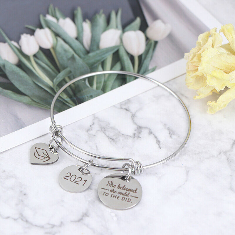 Stainless Steel Women Girls Inspirational Quotes Bangle Heart Charm Brace.l8
