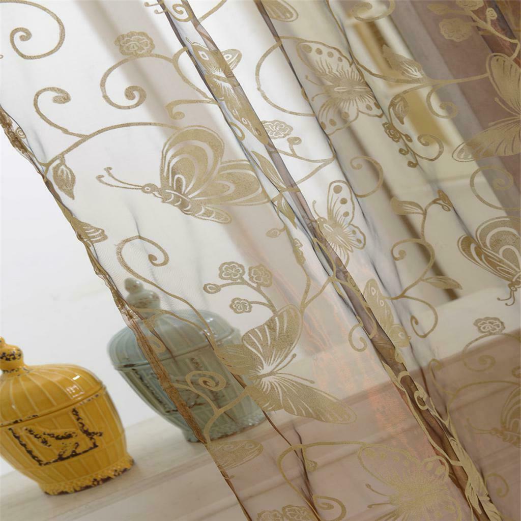 Flocking Voile Curtain Grommet Window Panel Butterfly  Coffee 200x250cm