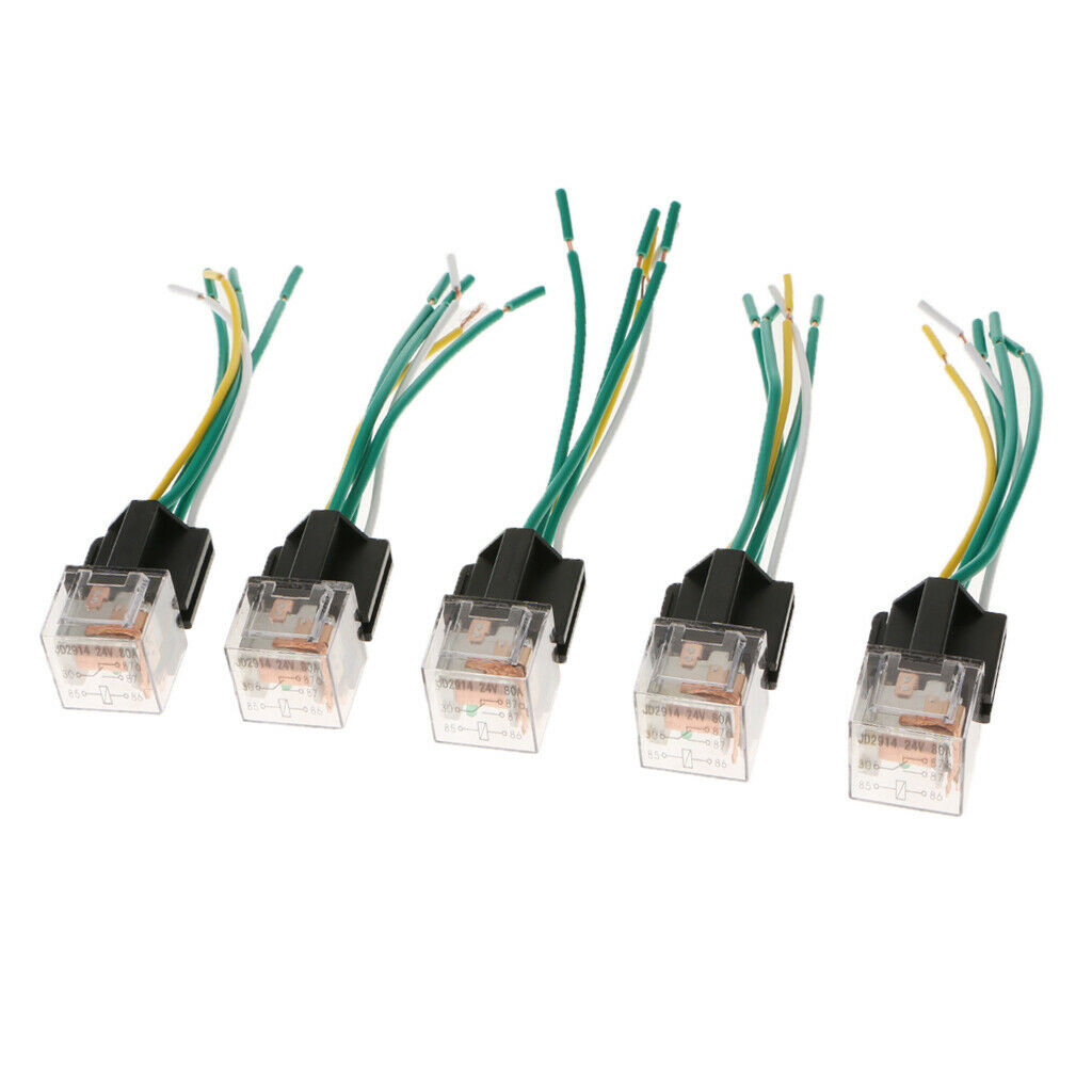 5Pcs Car Relay and Socket Waterproof 80A AMP 5-Pin SPDT 5 Wire 18/16AWG  24V