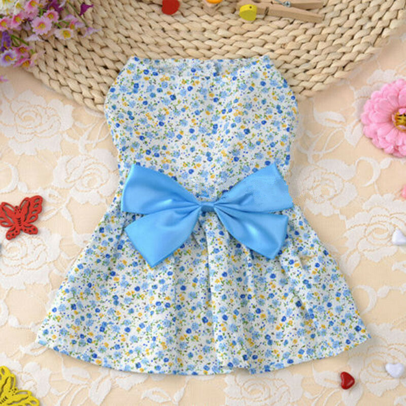 Pet Dog Dress Skirt Cat Bow Princess Clothes Apparel Female Costume Blue S