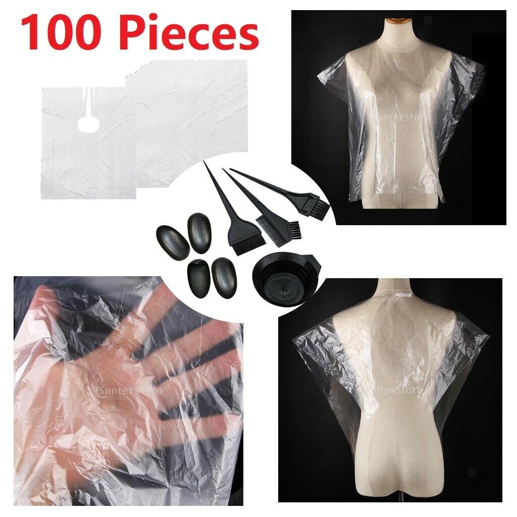 100Pcs Disposable Haircutting Capes Barber Home Shawls Perm Apron Bib + Dye Set