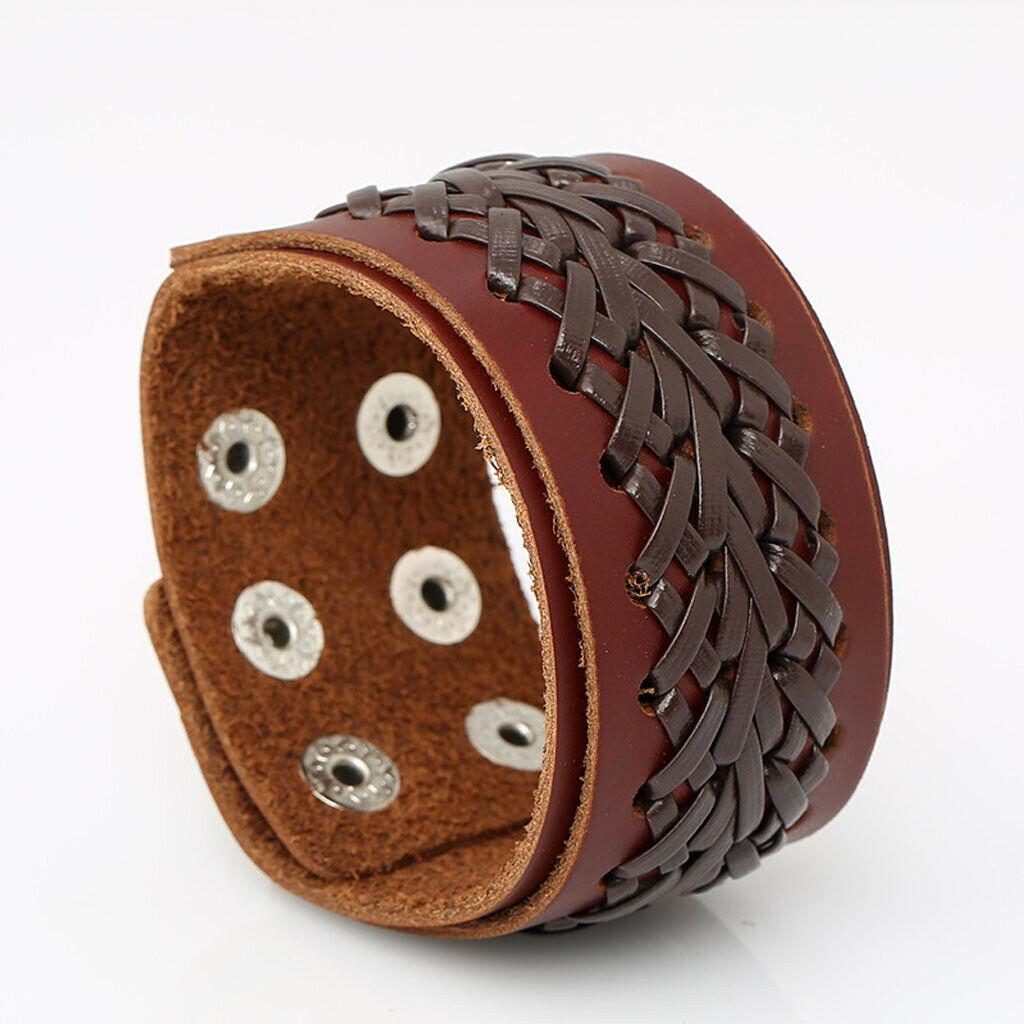 Brown Punk Braided Mens Wide Leather Wristband Snap Buttons Bangle Bracelet
