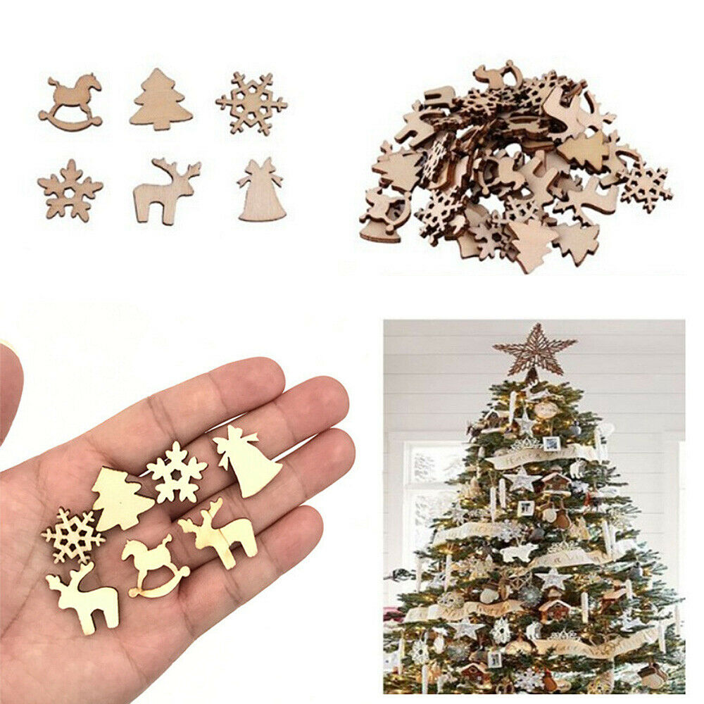 100pcs Christmas Mini Wooden Snowflake Xams Tree Deer Trojan Hanging Ornaments