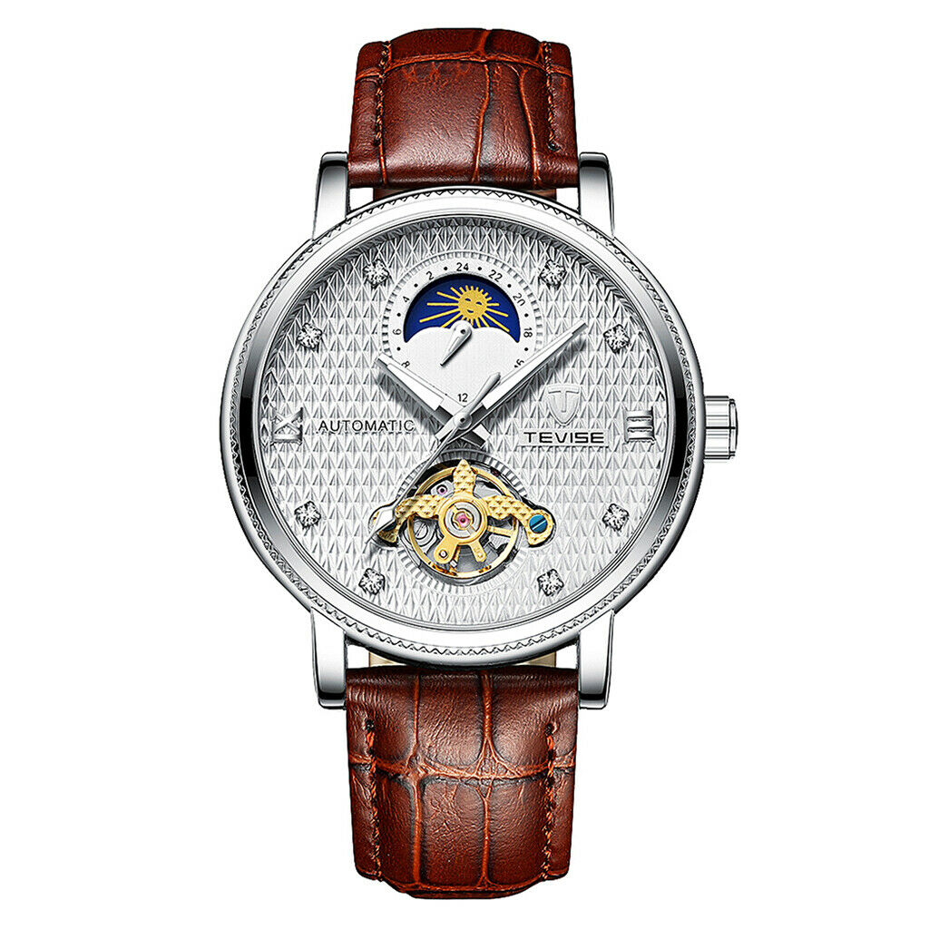 Men Luminous Automatic Mechanical Watch Leather Band Wristwatch Brown
