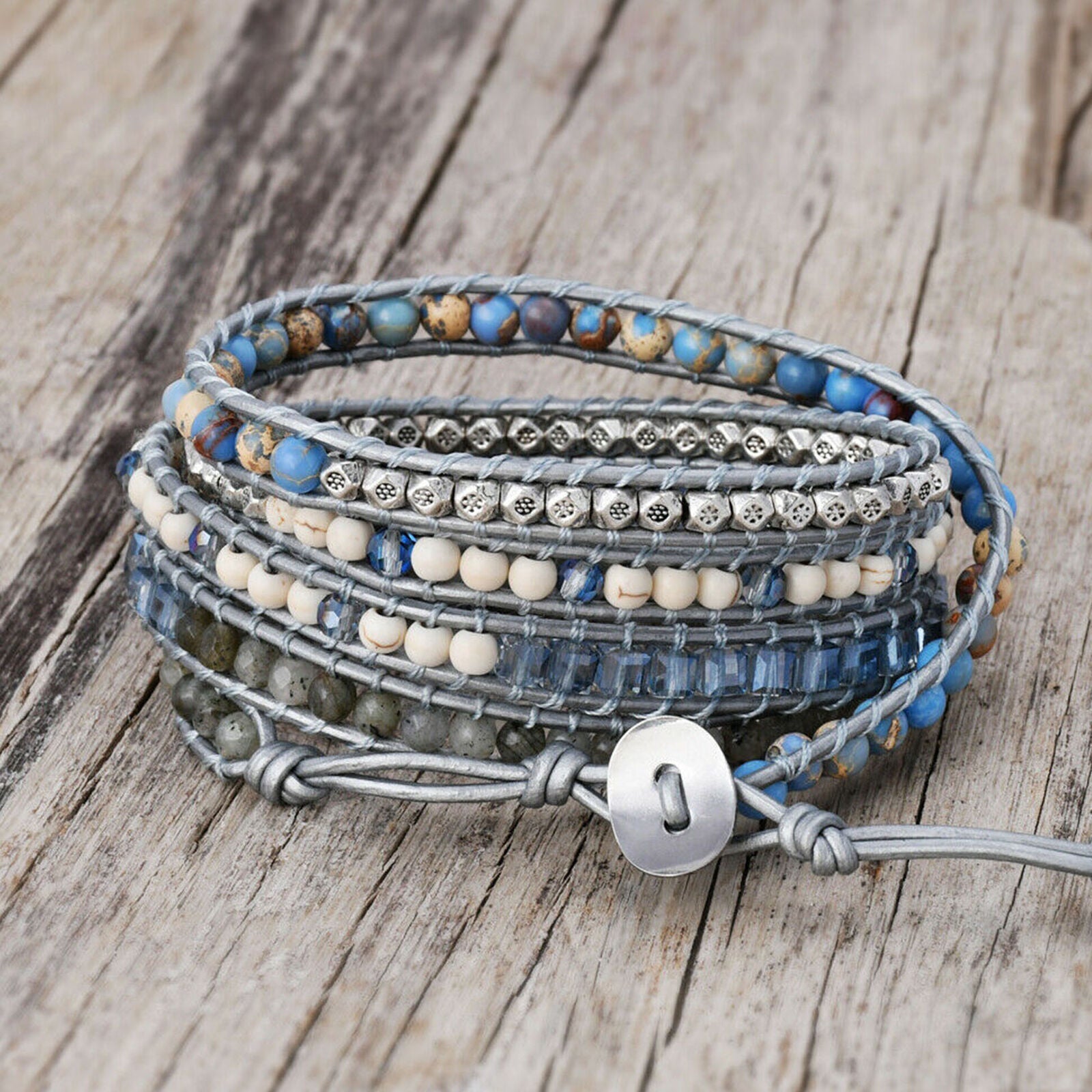 Boho Blue Kyanite Crystal Healing Stone Leather Wrap Yoga Women Bracelet Energy