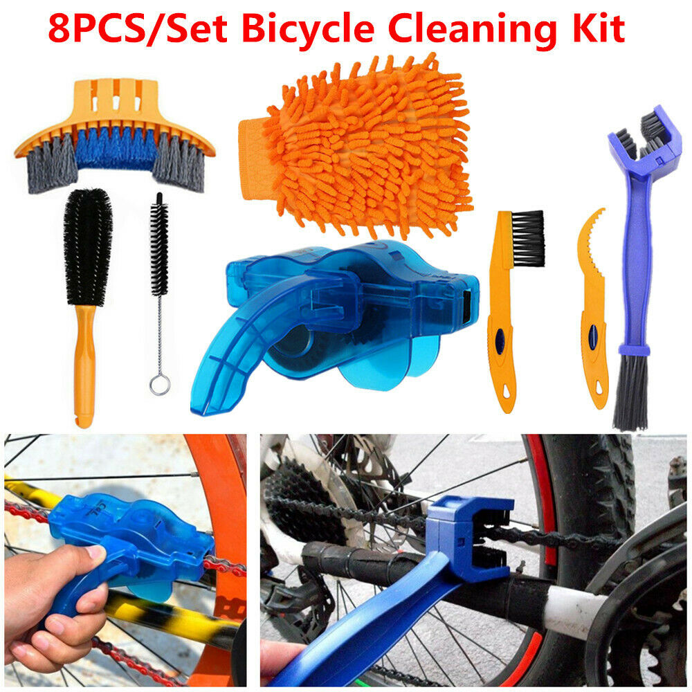 8PCS Bicycle Cleaning Kit Precise Clean Brush Tool Set+Bike Chain Scrubber Glove