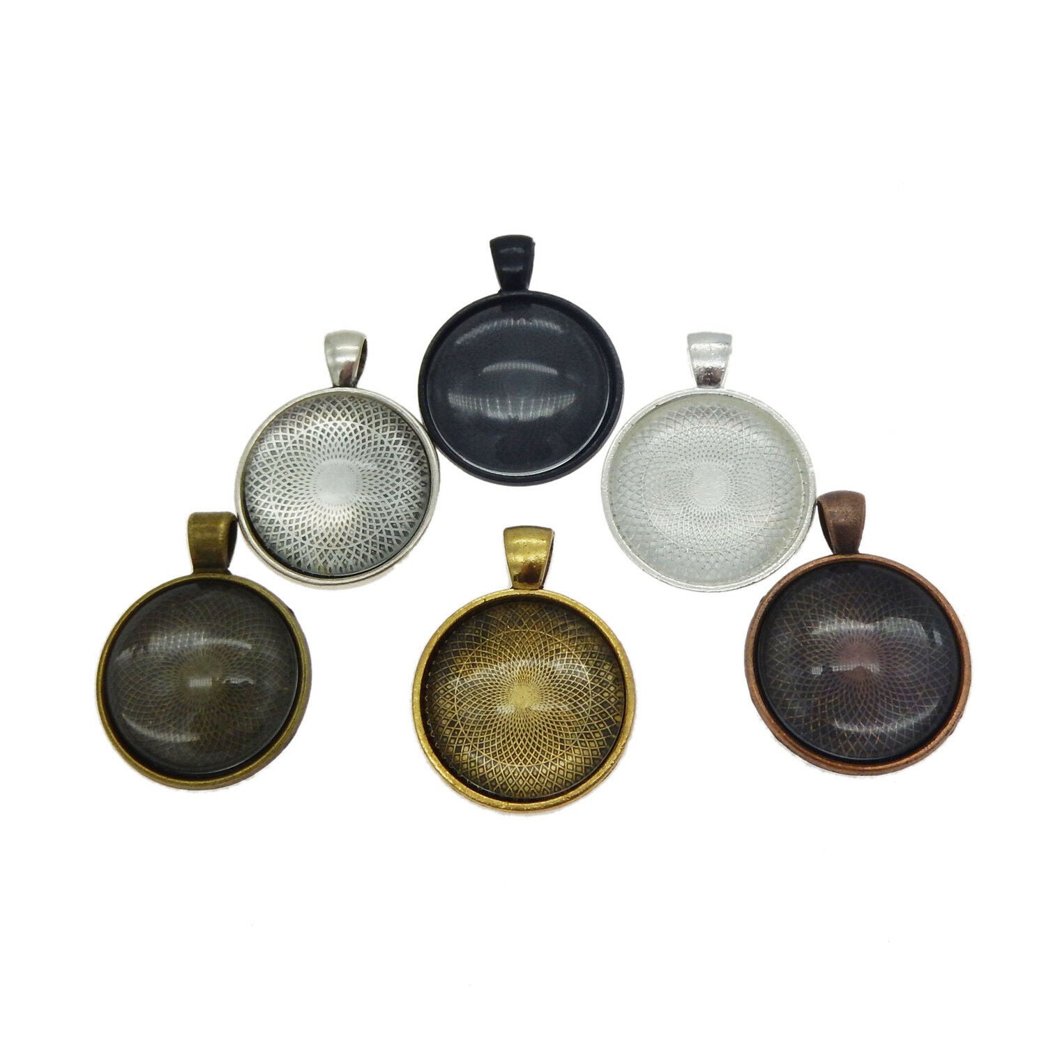 6 sets Mix Metal Alloy Base Round Clear Glass Cameo Bezel Charms Pendants