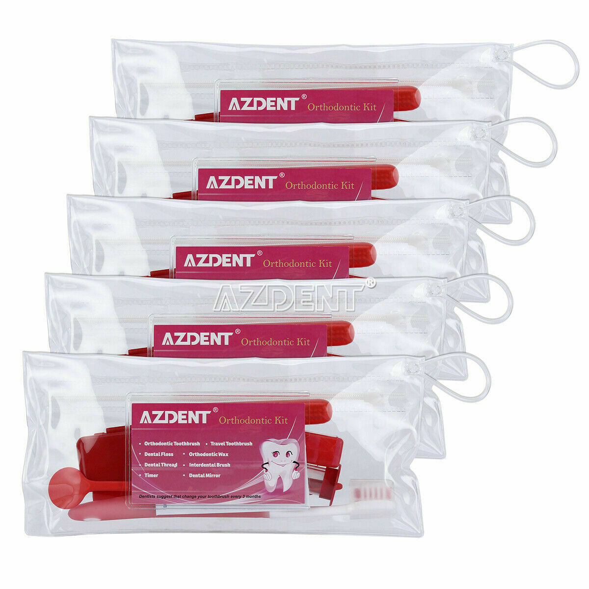 10 Kits Dental Orthodontic Brush Ties Toothbrush Floss Oral Care Kit Red AZDENT
