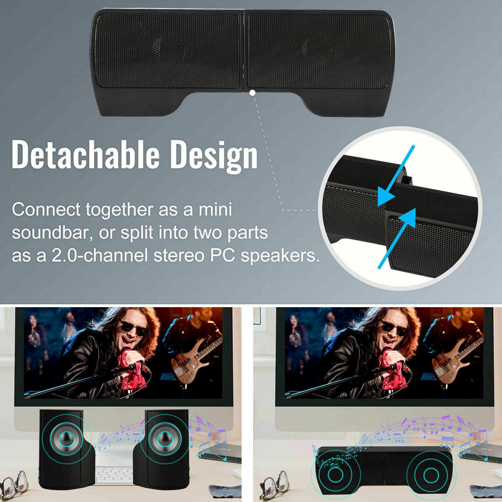 USB Power Speakers Clip-On Computer Stereo Sound Bar 3.5mm for Desktop PC Laptop
