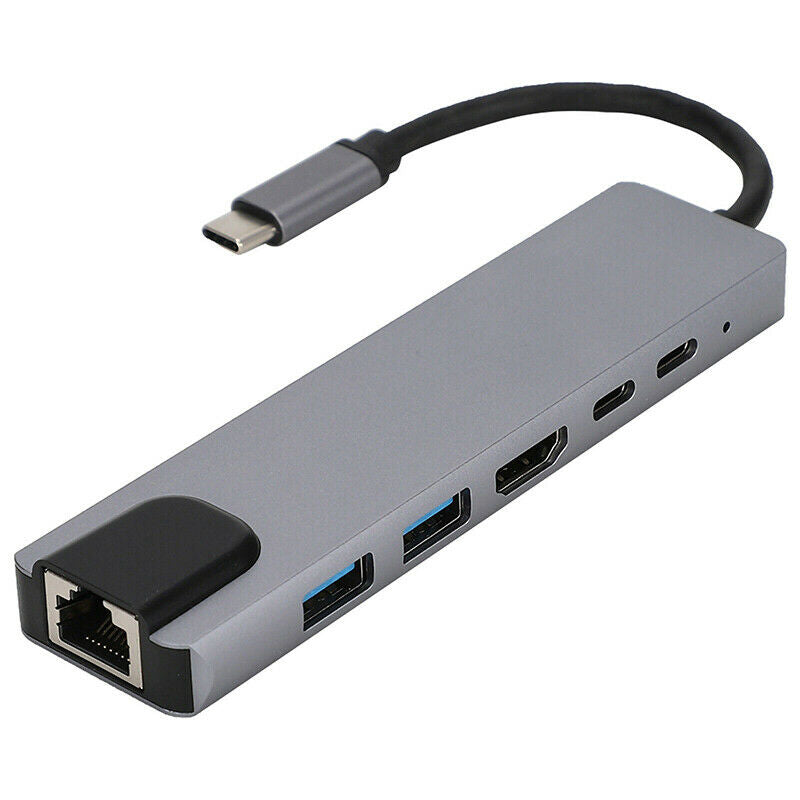 Type C Hub Adapter 6 in 1 USB C to Ethernet RJ45/ 4K HDMI/ 2 USB 3.0 Po LpC XC