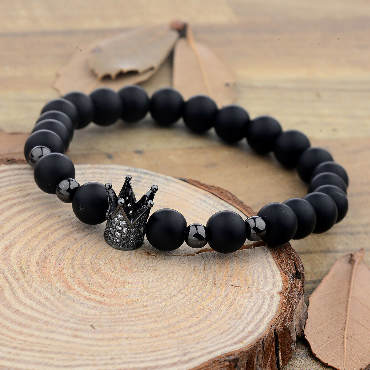 8MM Crown Natural Stone Matte Black Charm Men's CZ Copper Bead Chuck Bracelet