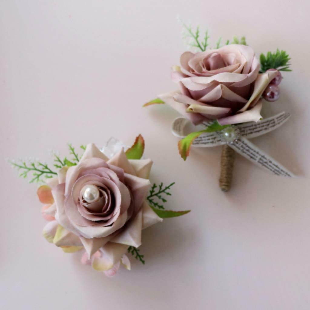 Set of 2 Rose Boutonniere Corsage Wristband Roses Wrist Corsage Man Girl
