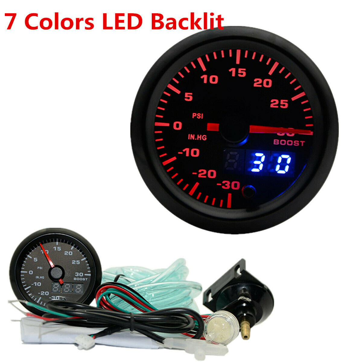 12V 2" 7 Colors Backlit LED Display Car Turbo Boost Gauge 0-30 IN.HG,0-30PSI