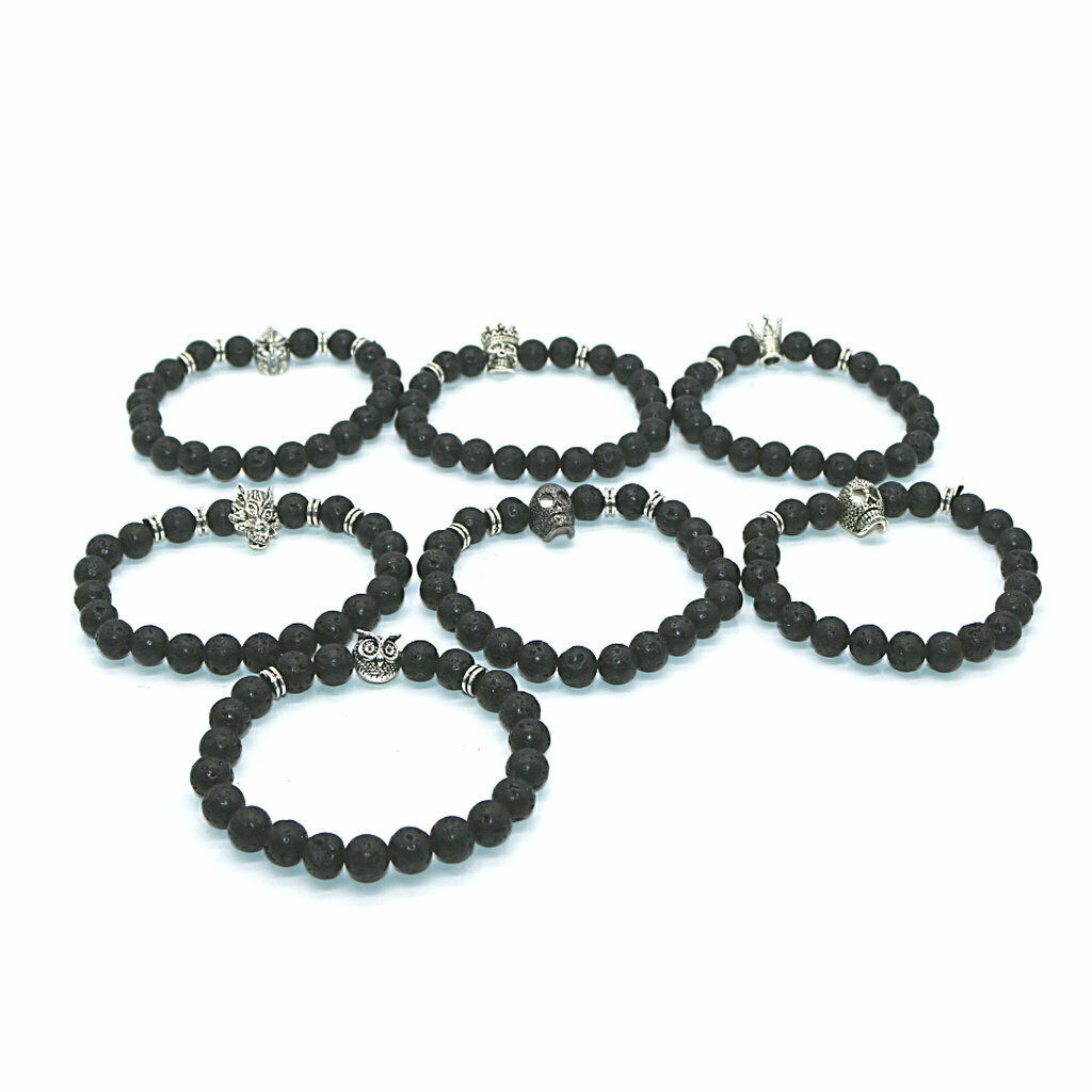 Fashion Women Men Black Lava Stone Beaded Charm Bracelet Jewelry Lion Head