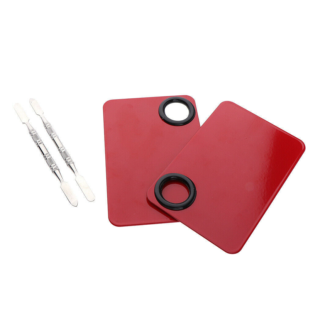 2x Retangle Nail Art Paint Makeup Foundation Mixing Palette w/ Spatula Set Red
