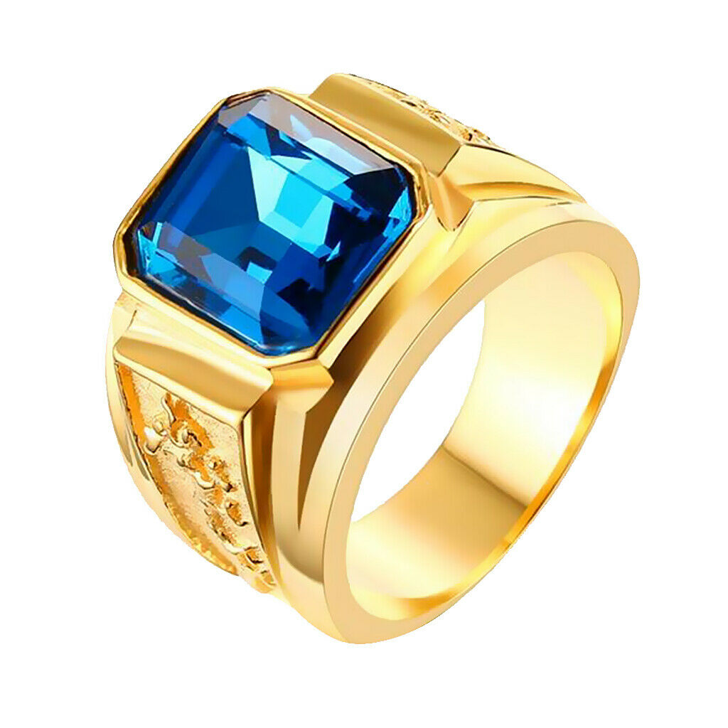 Golden Carved Flying Dragon Stainless Steel Ring with Glitter Blue Gem US9