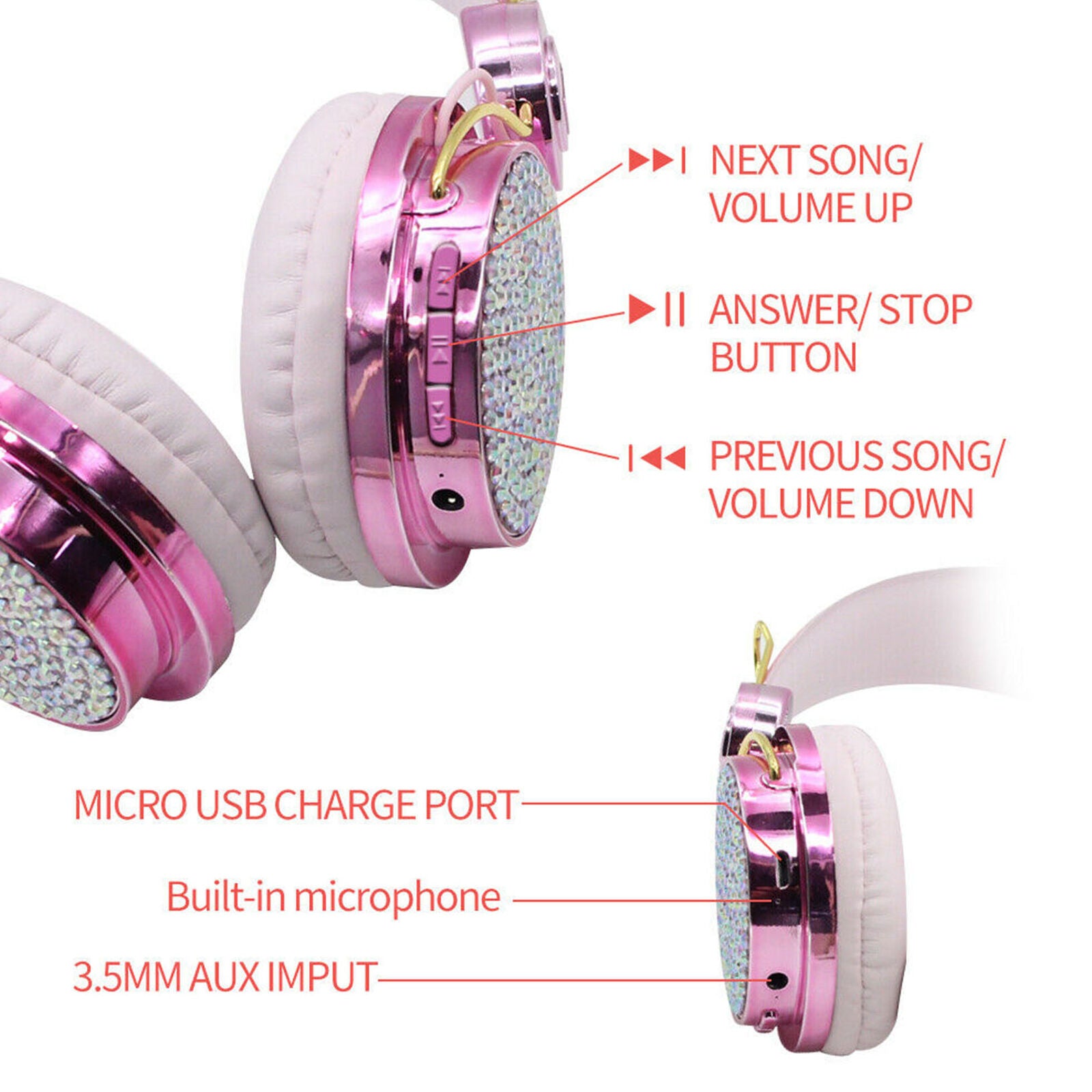 Bluetooth 5.0 Wireless Ear Headsets LED w/Mic Headphones For Kids Girls