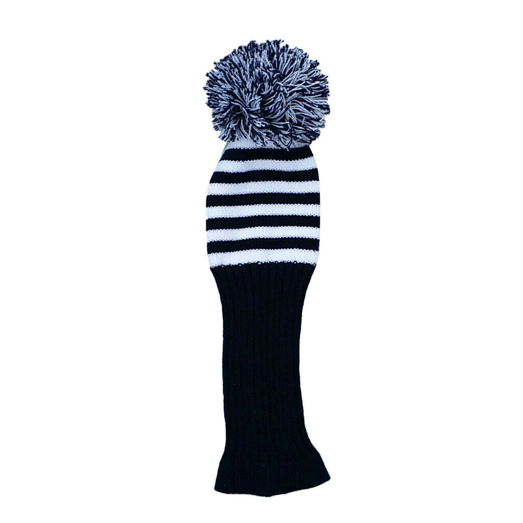Hand Knit White Stripes Golf Club Cover Golf Pom Pom Socks Golf Accessories
