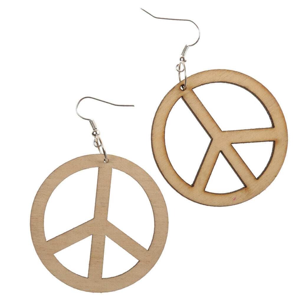 Hollow Anti War Peace Sign Wooden Drop Dangle Hook Earrings