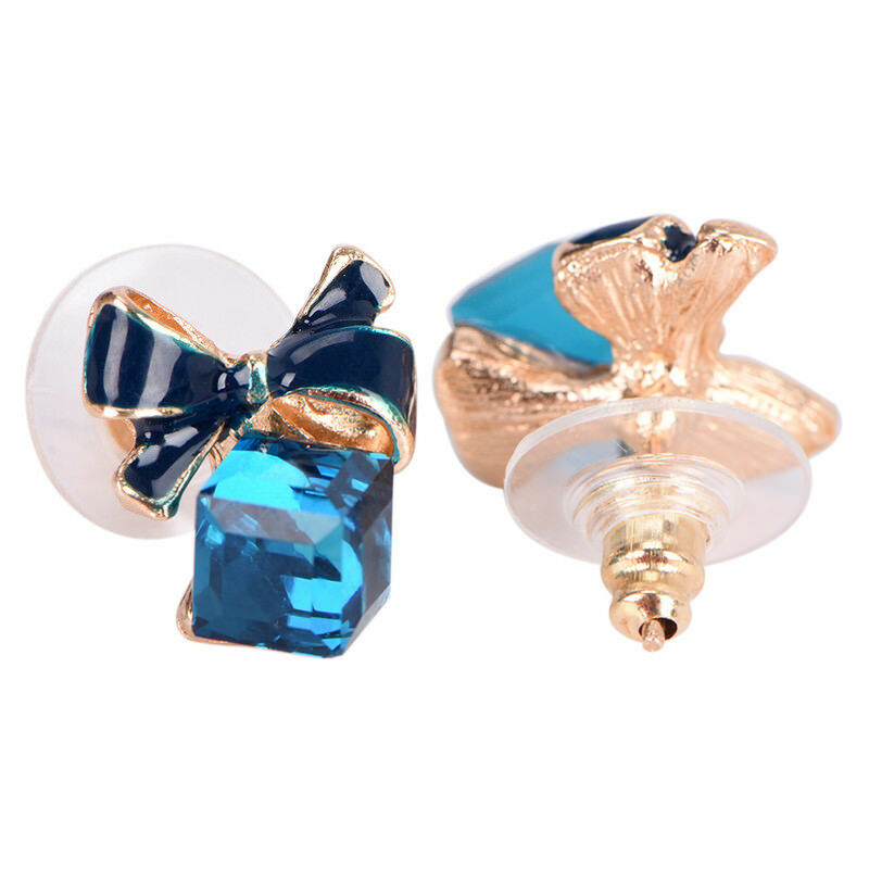 Blue Crystal Rhinestone Enamel Bow Ear Stud Bowknot Earrings Women Jewelry  L Pb