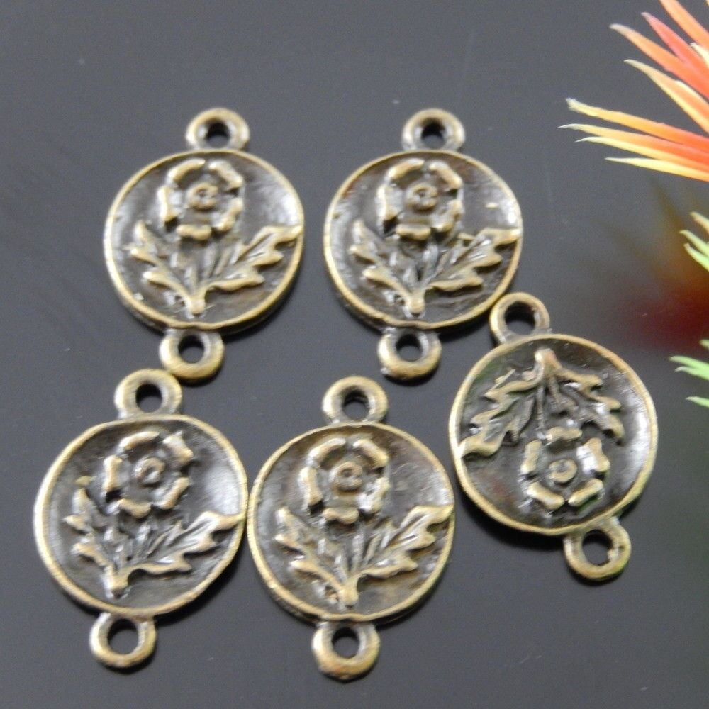 40pcs Antiqued Bronze Alloy Flower Pattern Round Connector Pendant Jewelry Craft