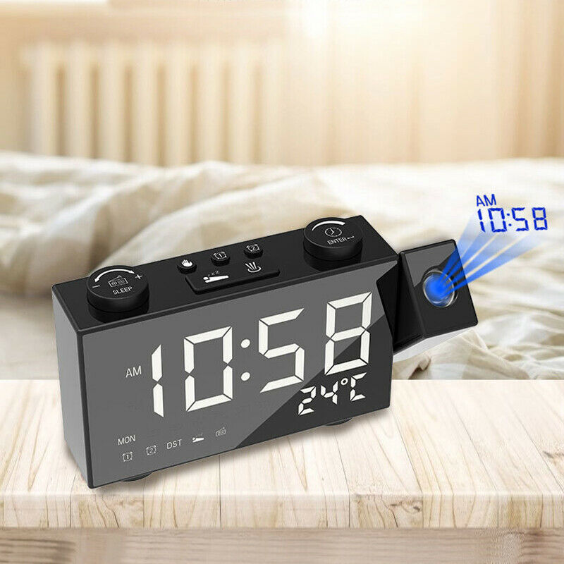 Alarm Clock 180Â° Rotating LED Projection Time Display Temperature Loud FM Radio