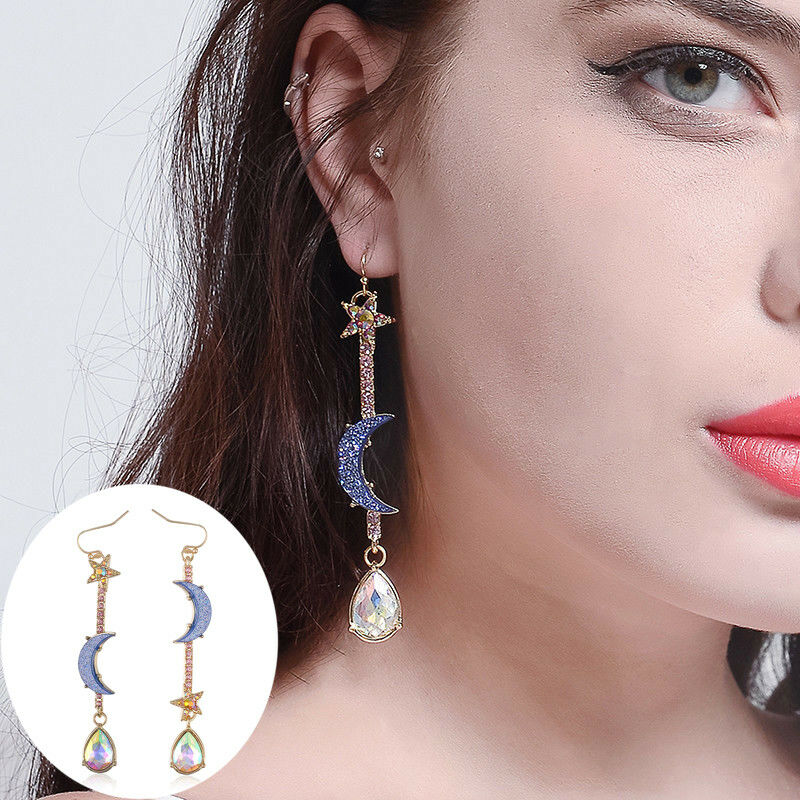 Korean Style Blue Moon Star Crystal Dangle Drop Rhinestone Earrings Ear Jewelry