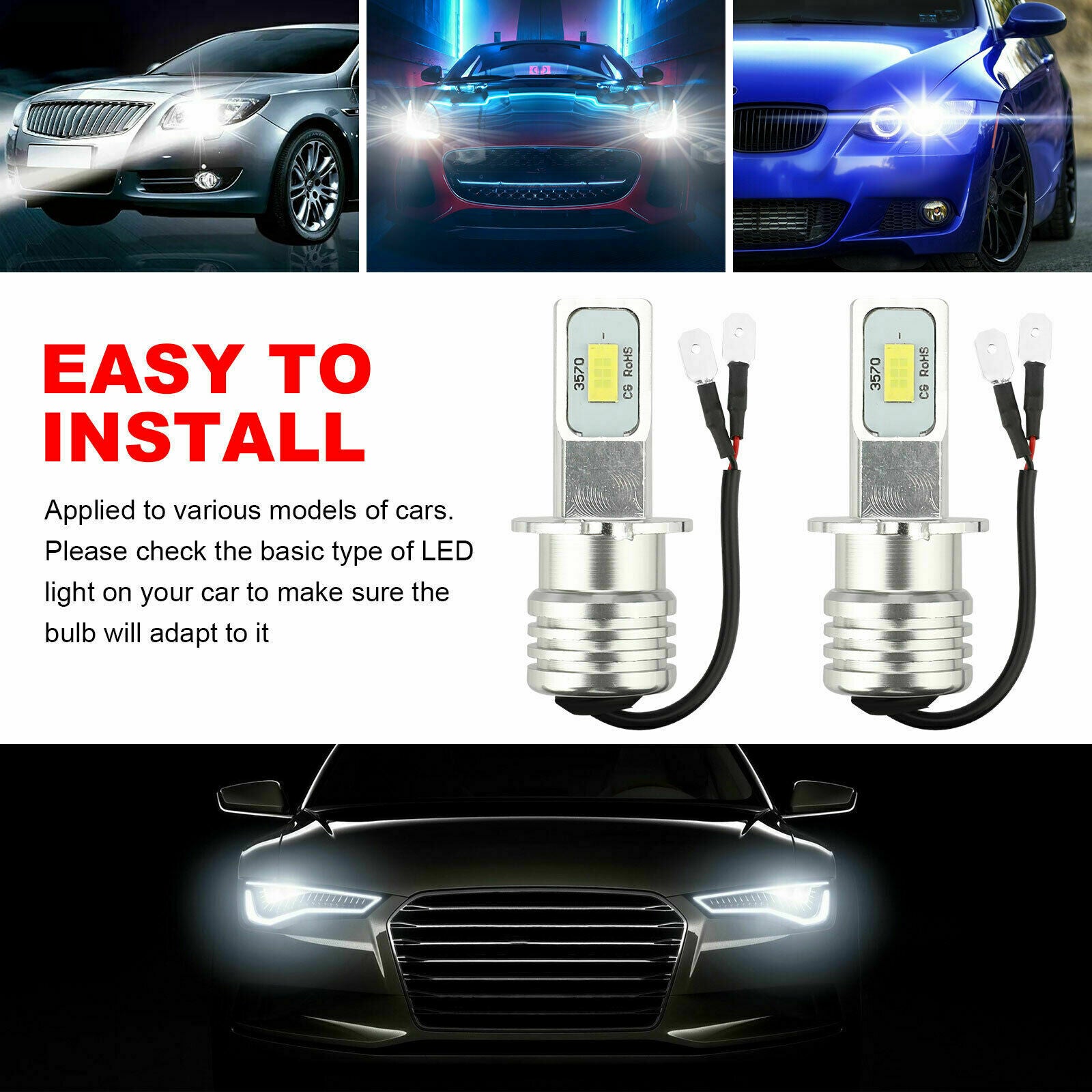 2x H3 Super White CREE LED Headlight Kit 100W 10000LM Fog Driving DRL Bulb 6000K