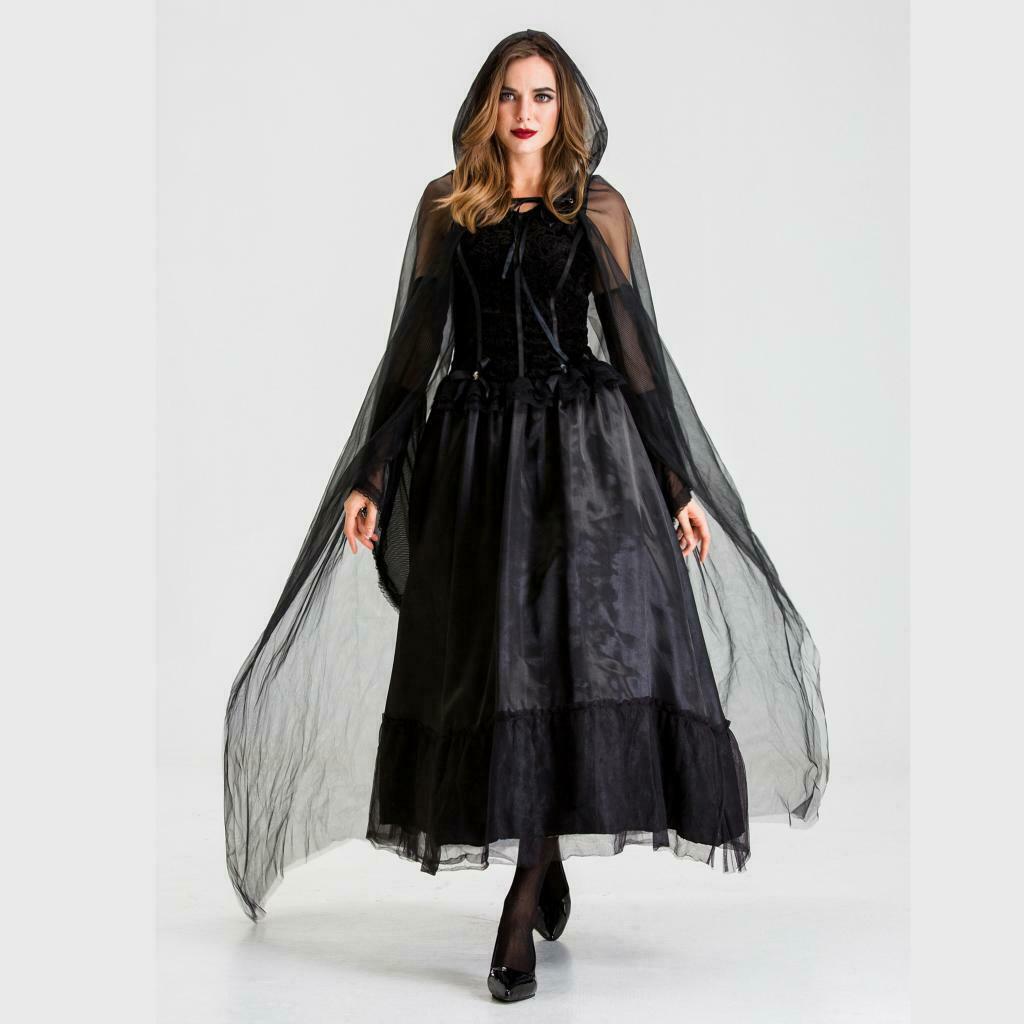Women's Evil Witch Costume Halloween Party Fancy Long Dress Black Gown XL
