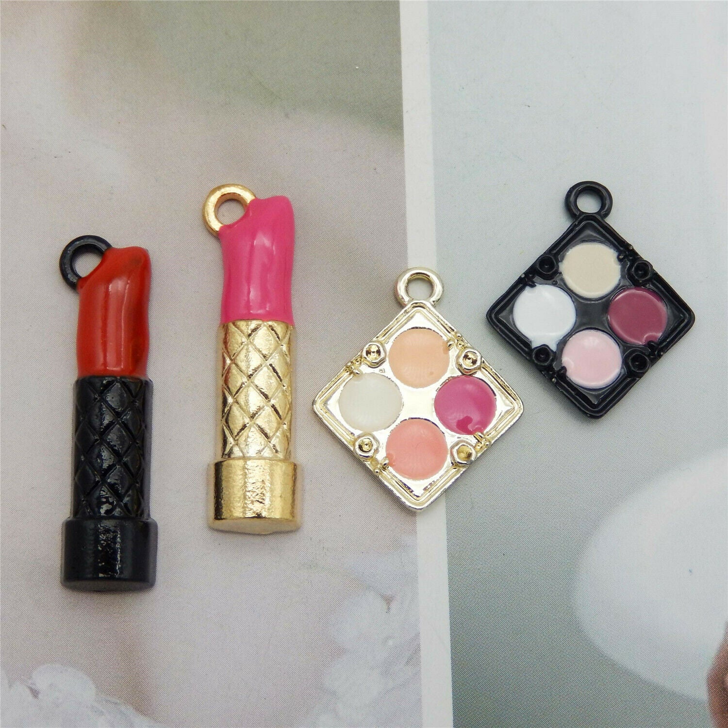 16 pcs Enamel Alloy Lipstick Eyeshadow Palette Cosmetic Pendant Charm Assorted