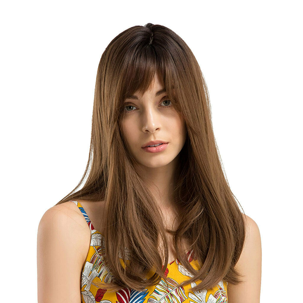 Women Long Wavy Curly Wig Natural Realistic Synthetic Wigs 45cm With Bangs