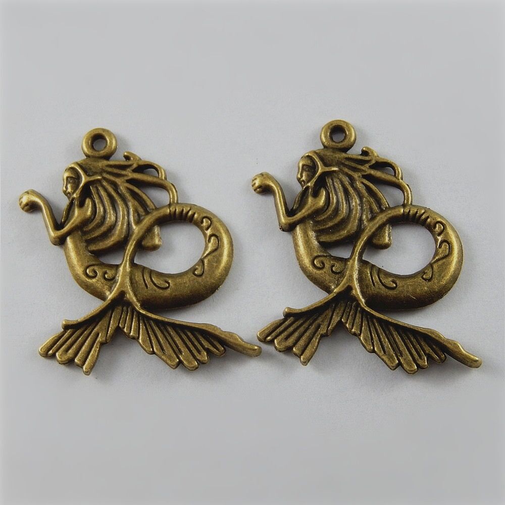 10 pcs Antiqued Bronze Charm Alloy Mermaid Pendant Jewelry Art Crafts 41*35*2mm