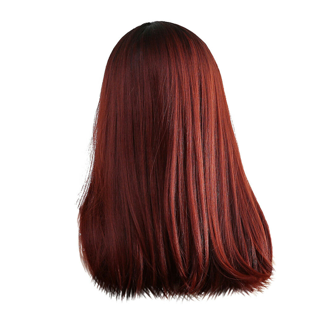 20'' Charming Straight Synthetic Wigs W/ Neat Bangs Ombre Wine Red Women Wig
