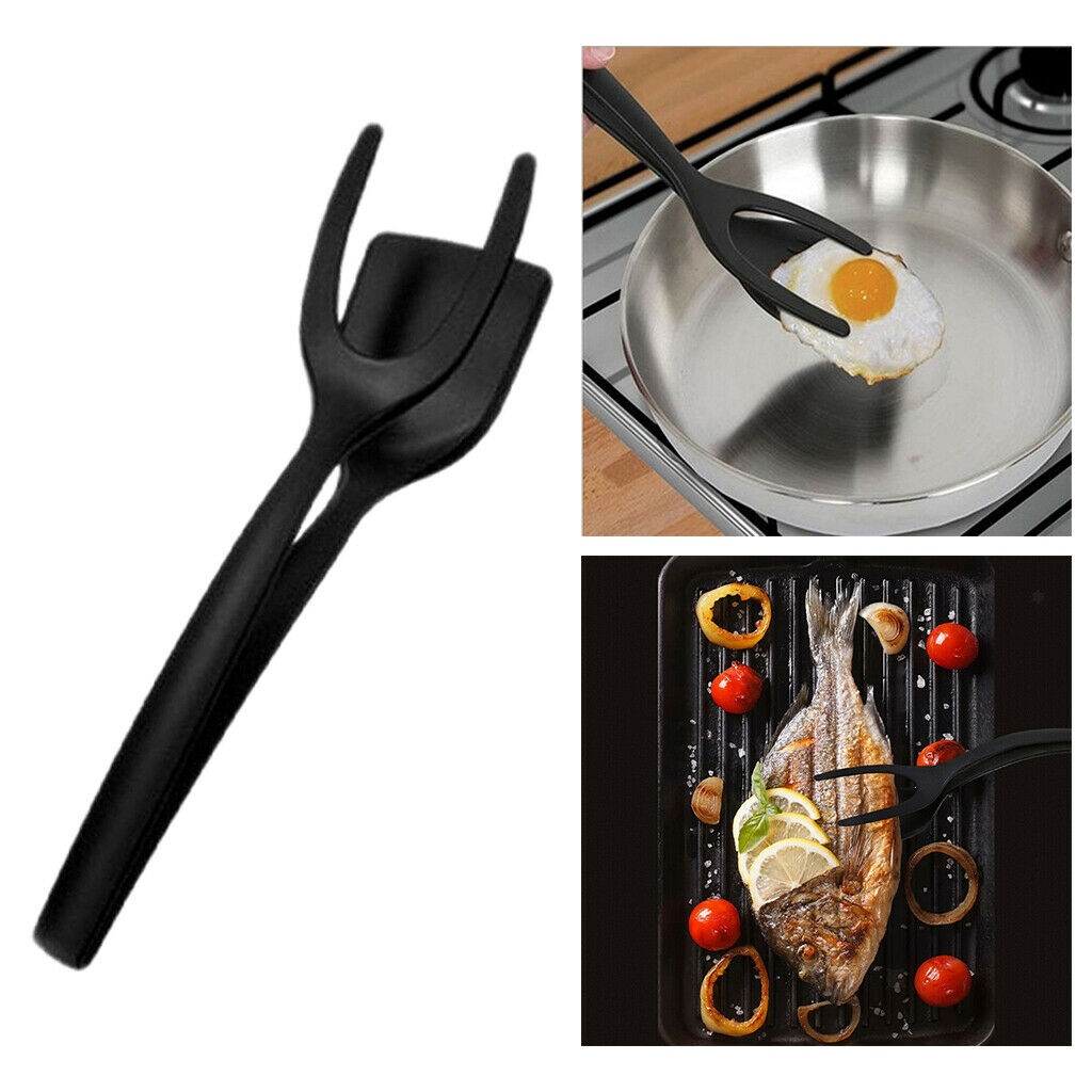 2 in 1 Egg Tongs Heat Resistant Fried Egg Tuner Tool for Beef Steak Black