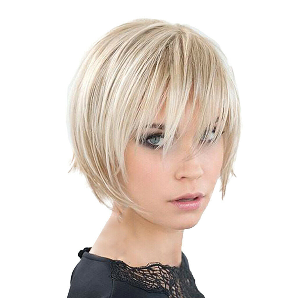 10in Women Short Straight Wig Synthetic Full Wigs with Bangs Heat Resistant
