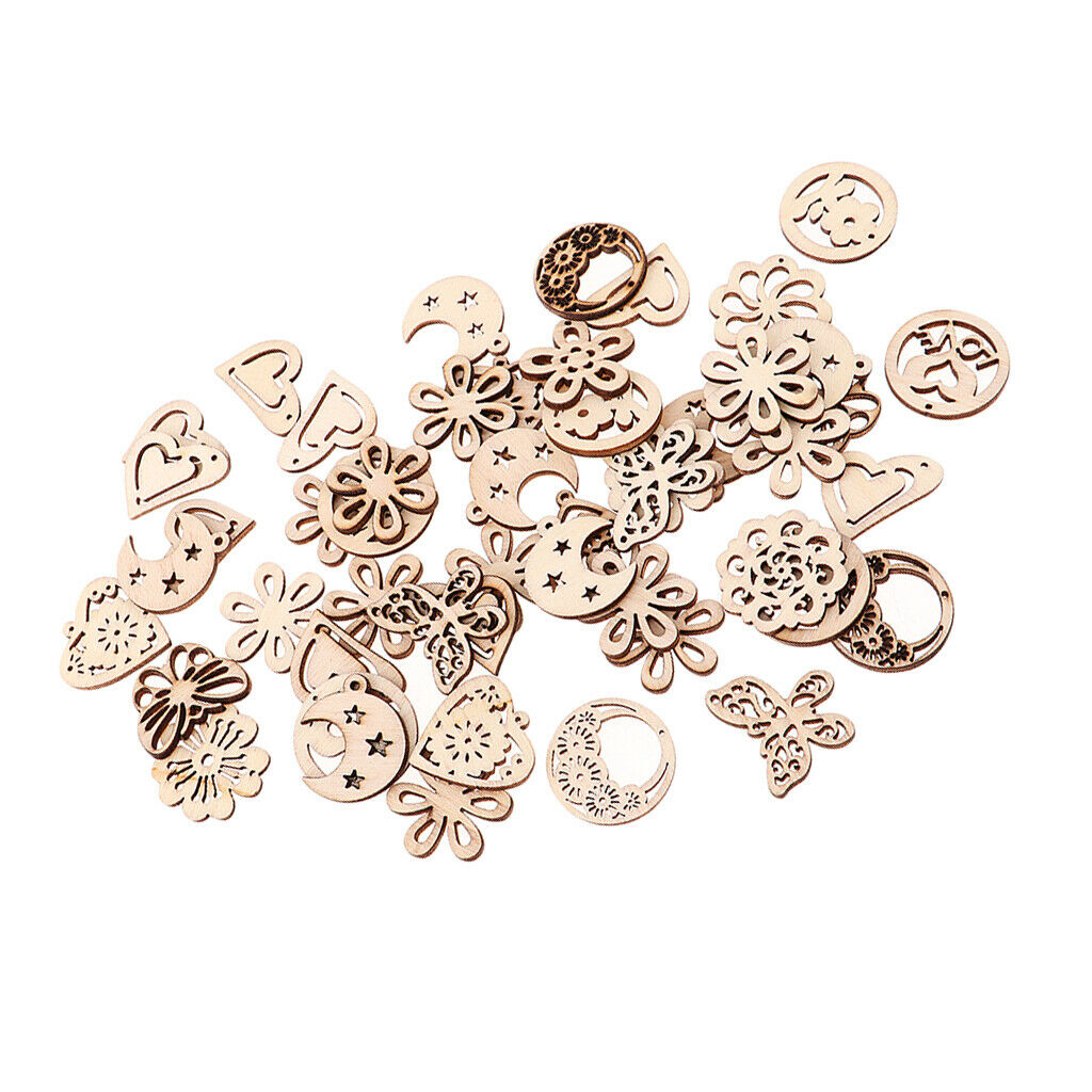 50 Pieces Mixed Wooden Cutout Butterfly Flowers Heart Moon Shapes Embellishments