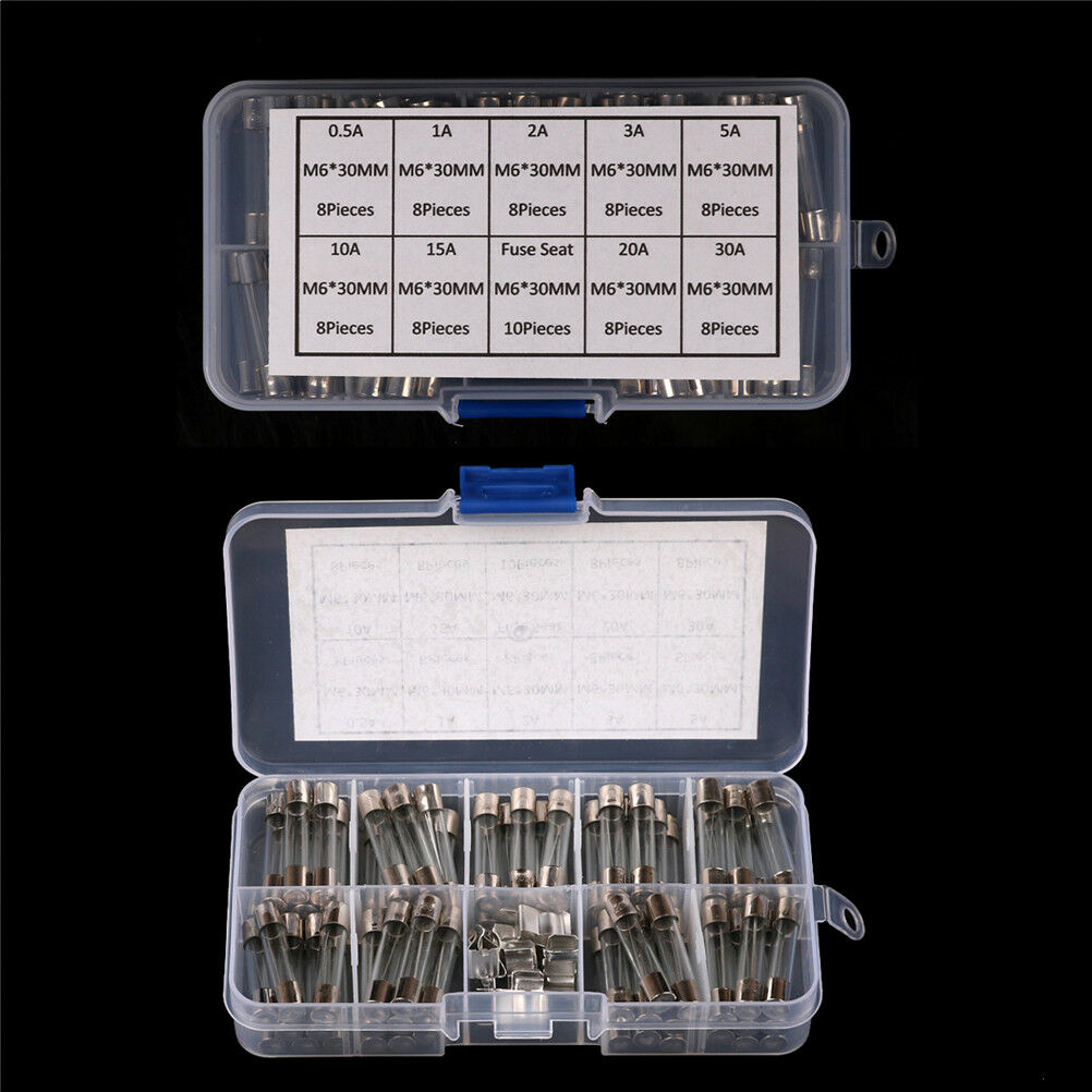 72Pcs/Box 6x30mm 0.5A-30A Glass Tube Fuses Assorted Kit with Fuse Hold Tt