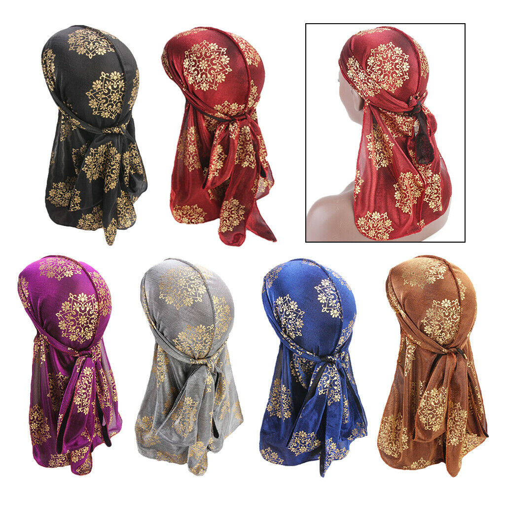 Men Women Silky Print Bandana Hat Durag Long Tail Headwrap Headwear Purple