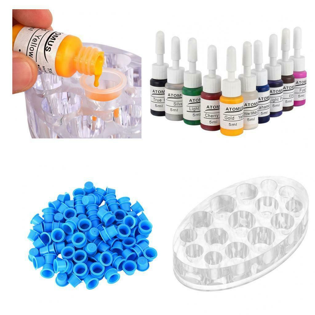 10 Color 5ml Tattoo Ink Pigment Cups Caps Holder Rack Stand Permanent Makeup