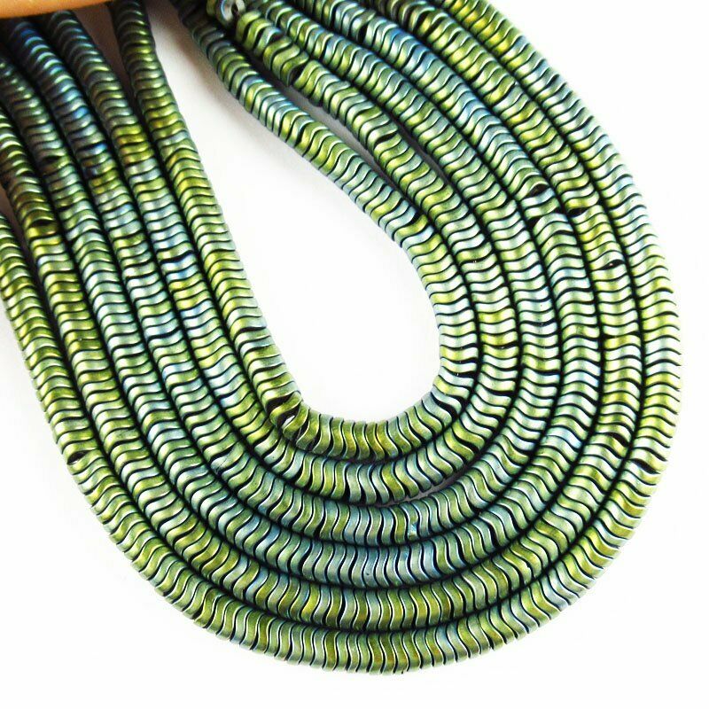 Army Green Frosted Hematite Wavy Pendant Loose Bead 15.5 " 4x2mm 20g A-458TS