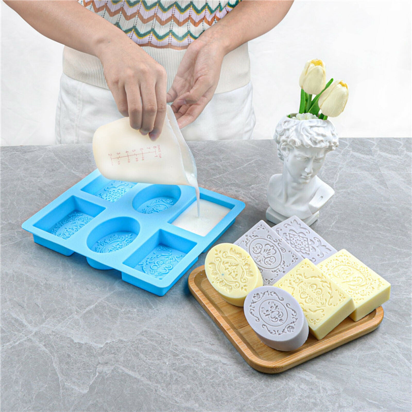 6-Cavity Lace Rectangle & Oval Silicone Soap Bar Molds for Homemade Craft