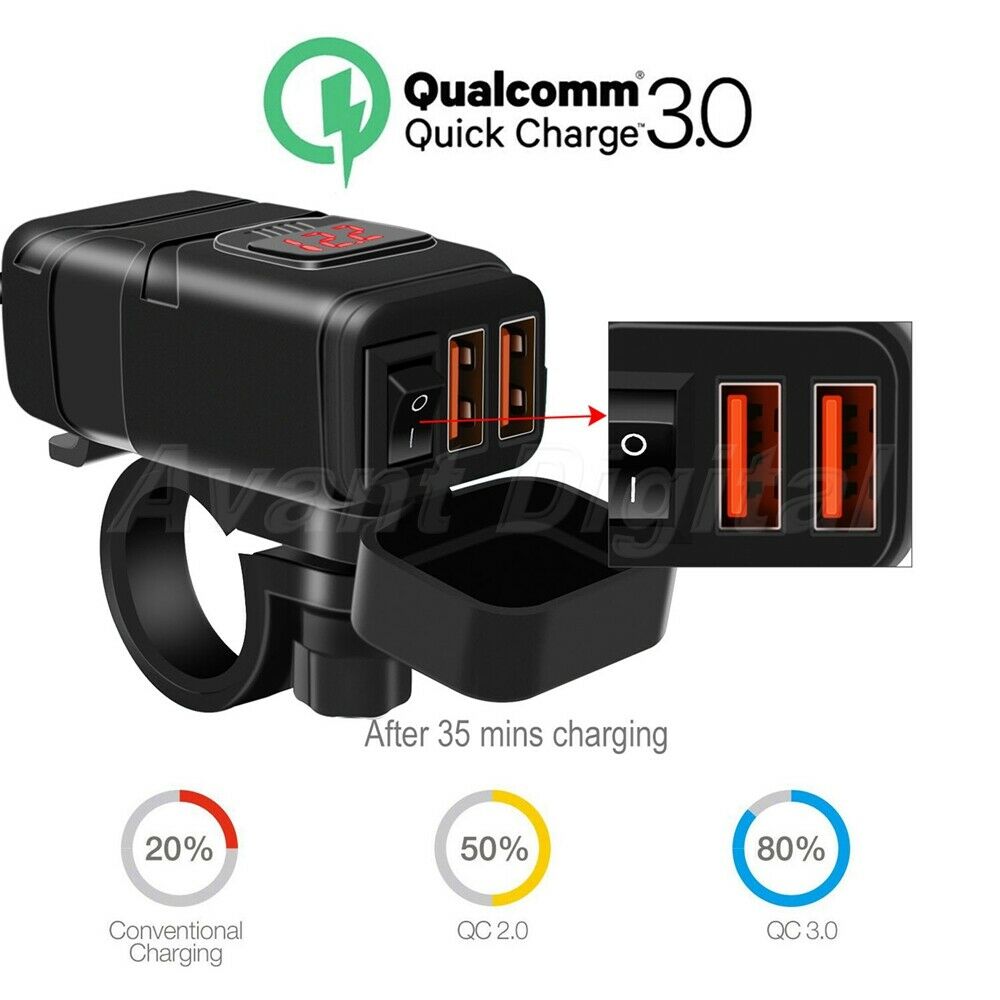 12V Motorcycle SAE to QC3.0 Dual USB Quick Charger With LED Voltmeter & Switch