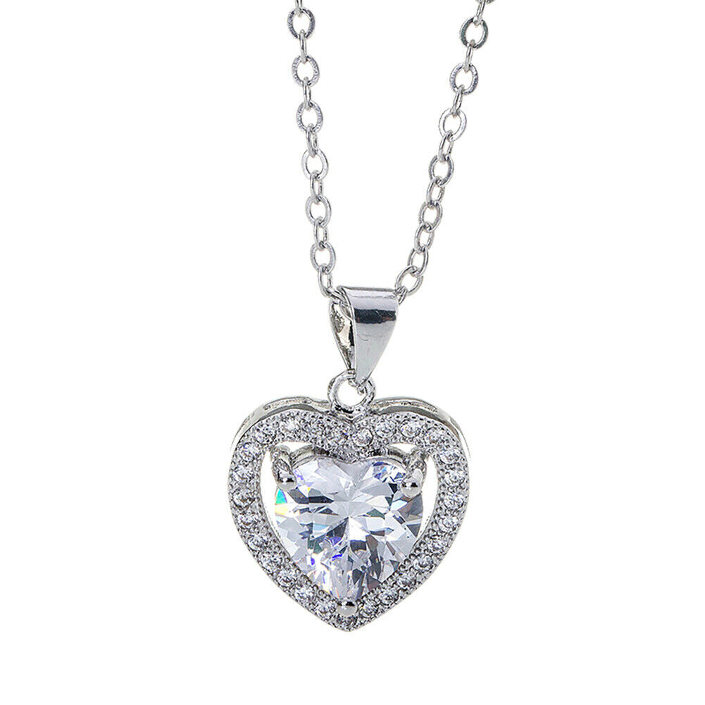 Ladies White Diamond Heart Pendant Necklace Fashion Women Jewellery Love Gift HN