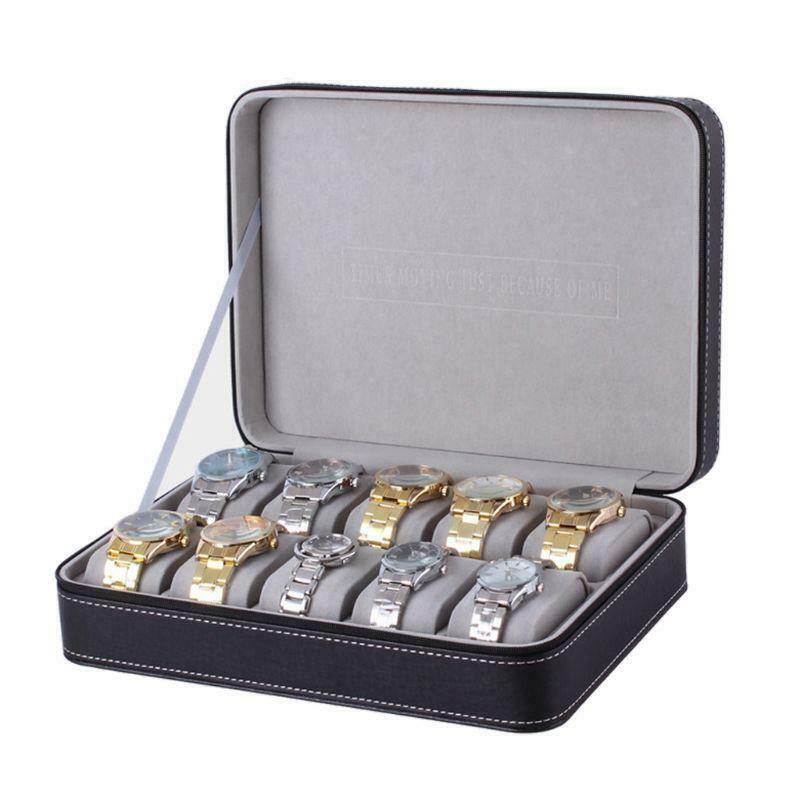 10 Slots Watch Zipper Travel Box Leather Display Case Organizer Jewelry Storage