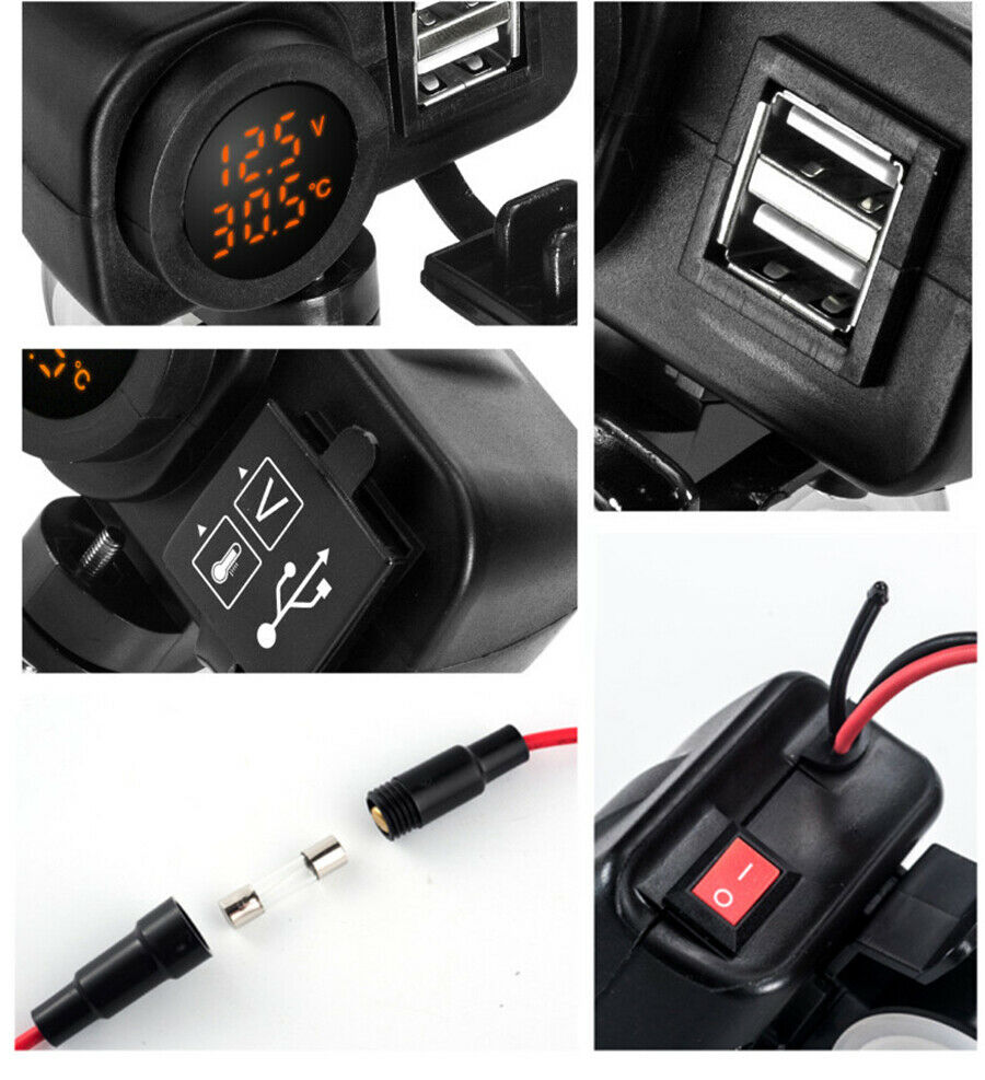 LED Dual USB Charger Voltmeter Thermometer For Motorcycle Scooter Handlebar 1x