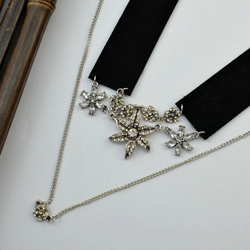 Double Chain Leather Collar Chain Choker Necklace Flower Crystal Pendant Jewelry