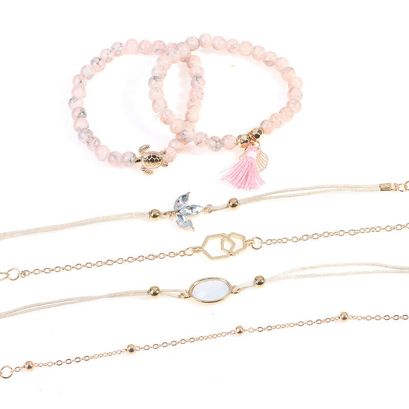6Pcs/set Pink Bohemian Beads Bracelets Bangles Women Wrist Chain Bracelet.l8