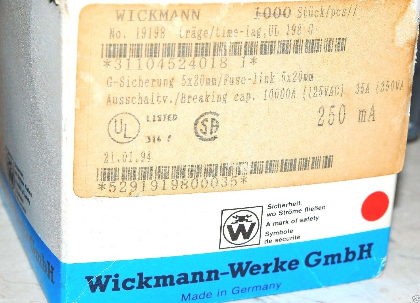 10pcs - WICKMANN (T) 250mA (0.25A)  250V 5x20mm Time-lag Glass Fuse